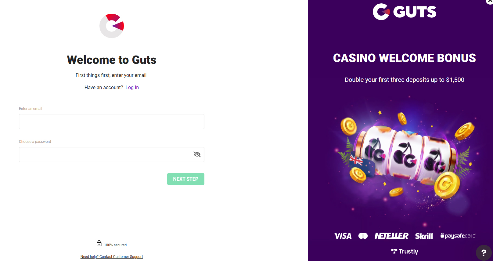 Registration process at GUTS CASINO